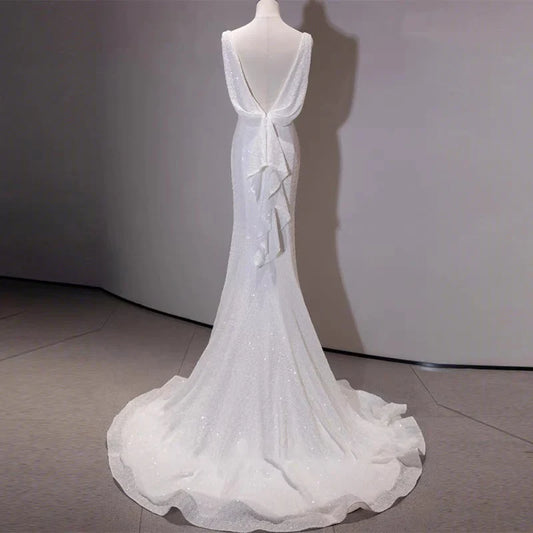 Aimishang Elegant Evening Gowns Prom Dresses White Sequin Mermaid Wedding Dress Formal Birthday Party Dress