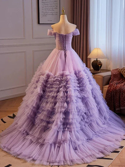 Purple Sweetheart Tulle Layers Sweet 16 Dress Long Prom Dress A Line Off Shoulder Solid Color