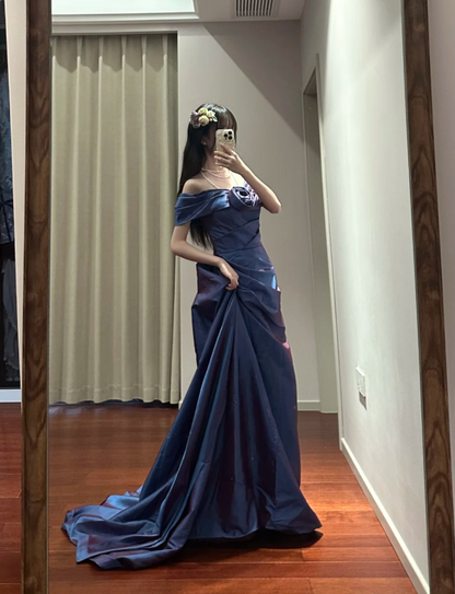 Retro Elegant Blue-Purple Off-Shoulder Hand-Pleated Satin Prom Dress Evening Dress cc5289
