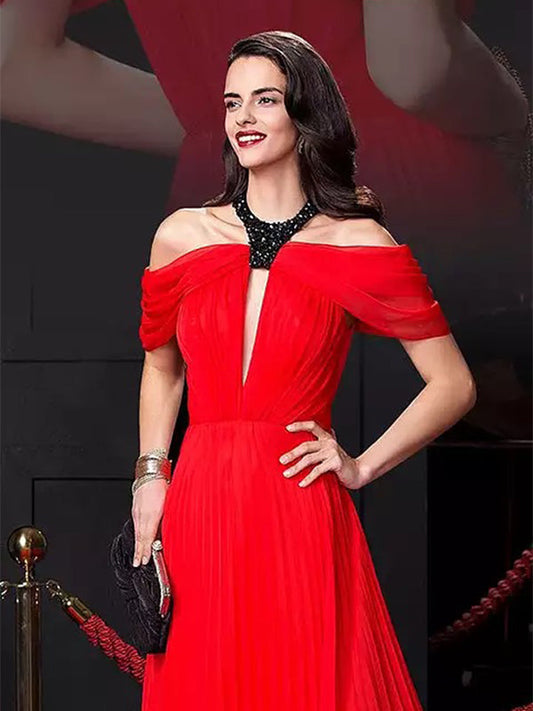 Red Black Halter Off Shoulder Prom Dress, DB10968