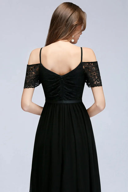 A-line Lace V-Neck Off-the-shoulder Sleeveless Floor-Length Bridesmaid Dresses