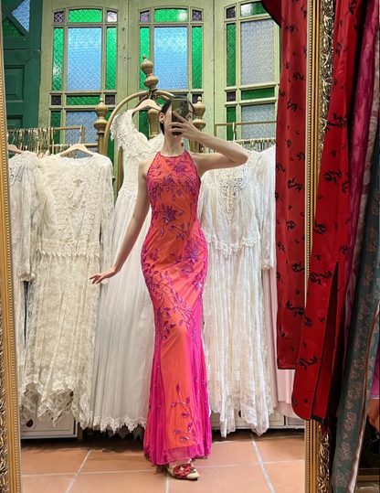 Retro Orange-Pink Mermaid Halter Neck Backless Beaded Tulle Long Prom Dress Evening Dress cc5290