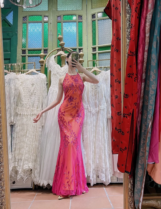 Retro Orange-Pink Mermaid Halter Neck Backless Beaded Tulle Long Prom Dress Evening Dress cc5290
