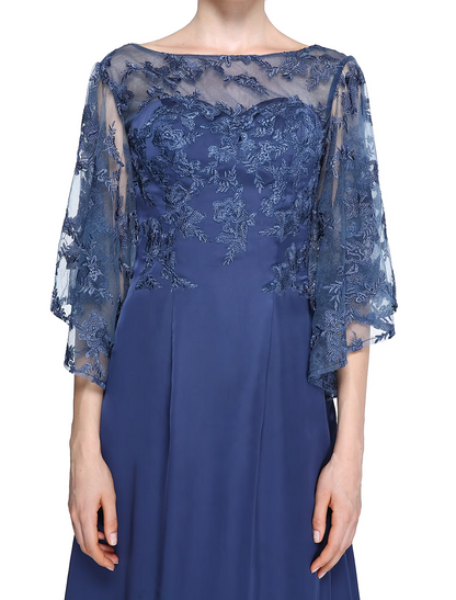 Mother of the Bride Dress Elegant Neck Ankle Length Chiffon Lace Half Sleeve with Lace