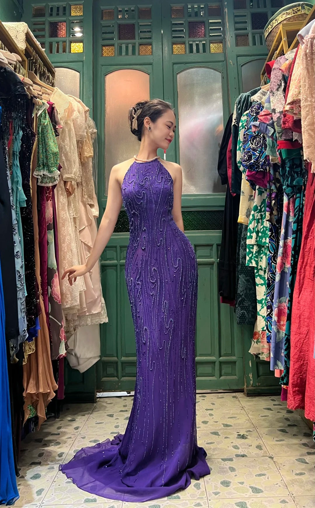 Vintage Deep Purple Mermaid Halter Neck Backless Beaded Chiffon Prom Dress Evening Dress cc5291