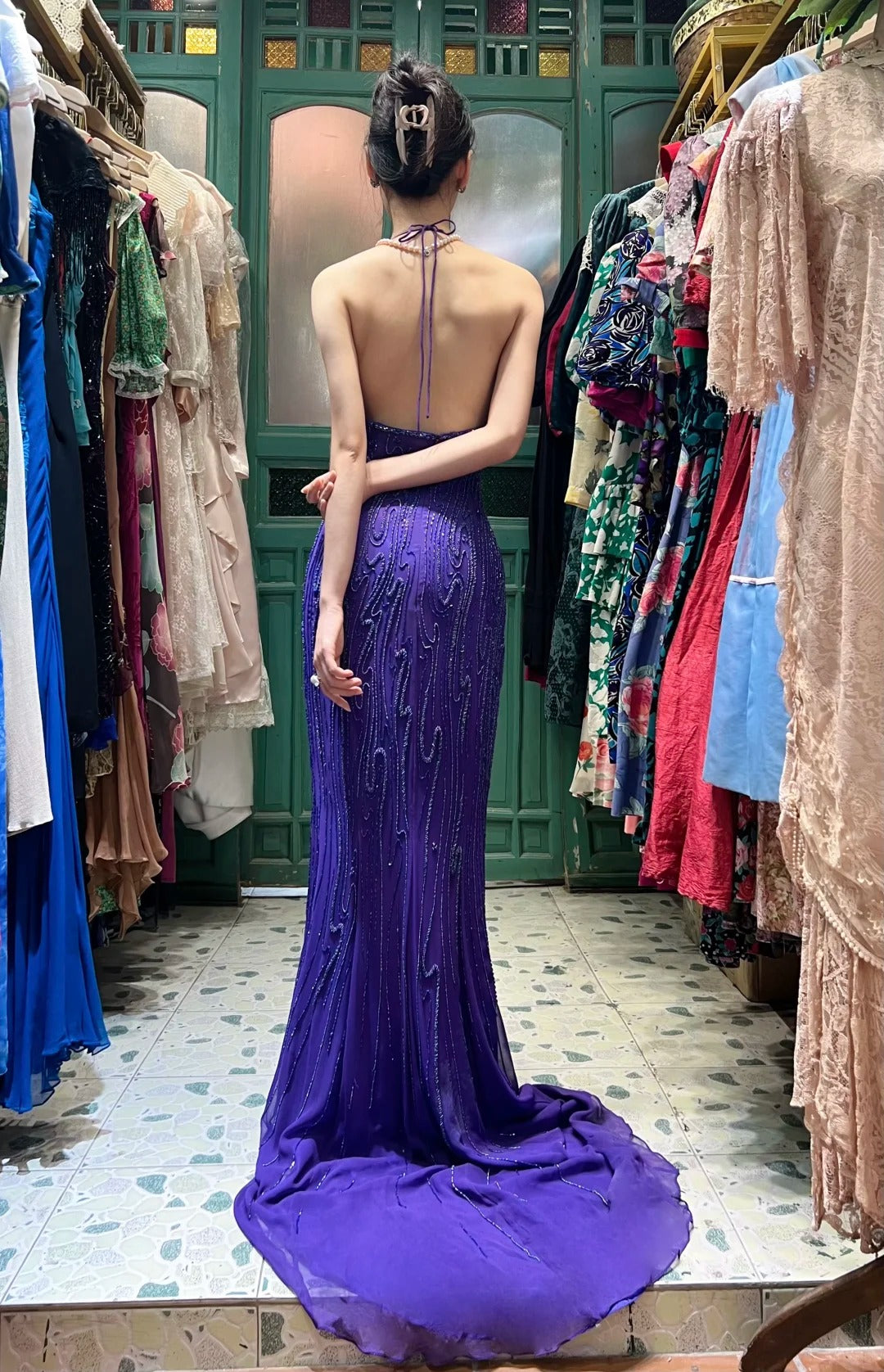 Vintage Deep Purple Mermaid Halter Neck Backless Beaded Chiffon Prom Dress Evening Dress cc5291