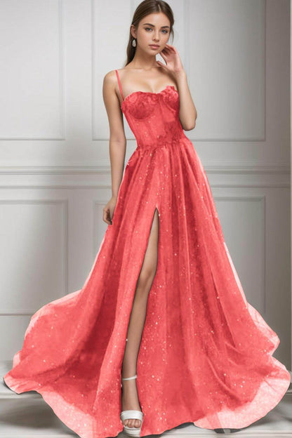 A-Line Sweep-Brush Train Tulle Prom Dress CS0439