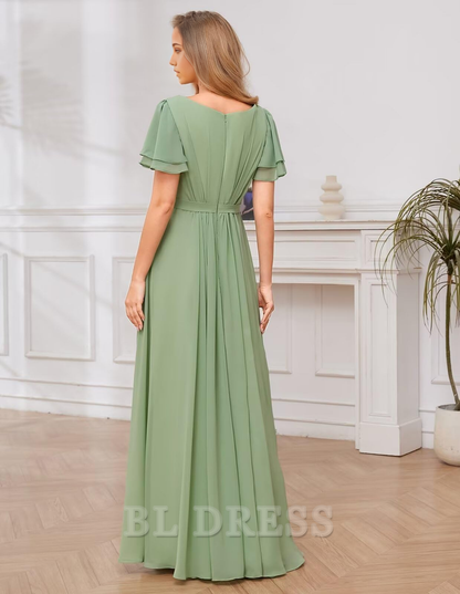 A-line Crew Neck Chiffon Sleeves Long formal dresses Bridesmaid Dresses evening gown Prom Dress