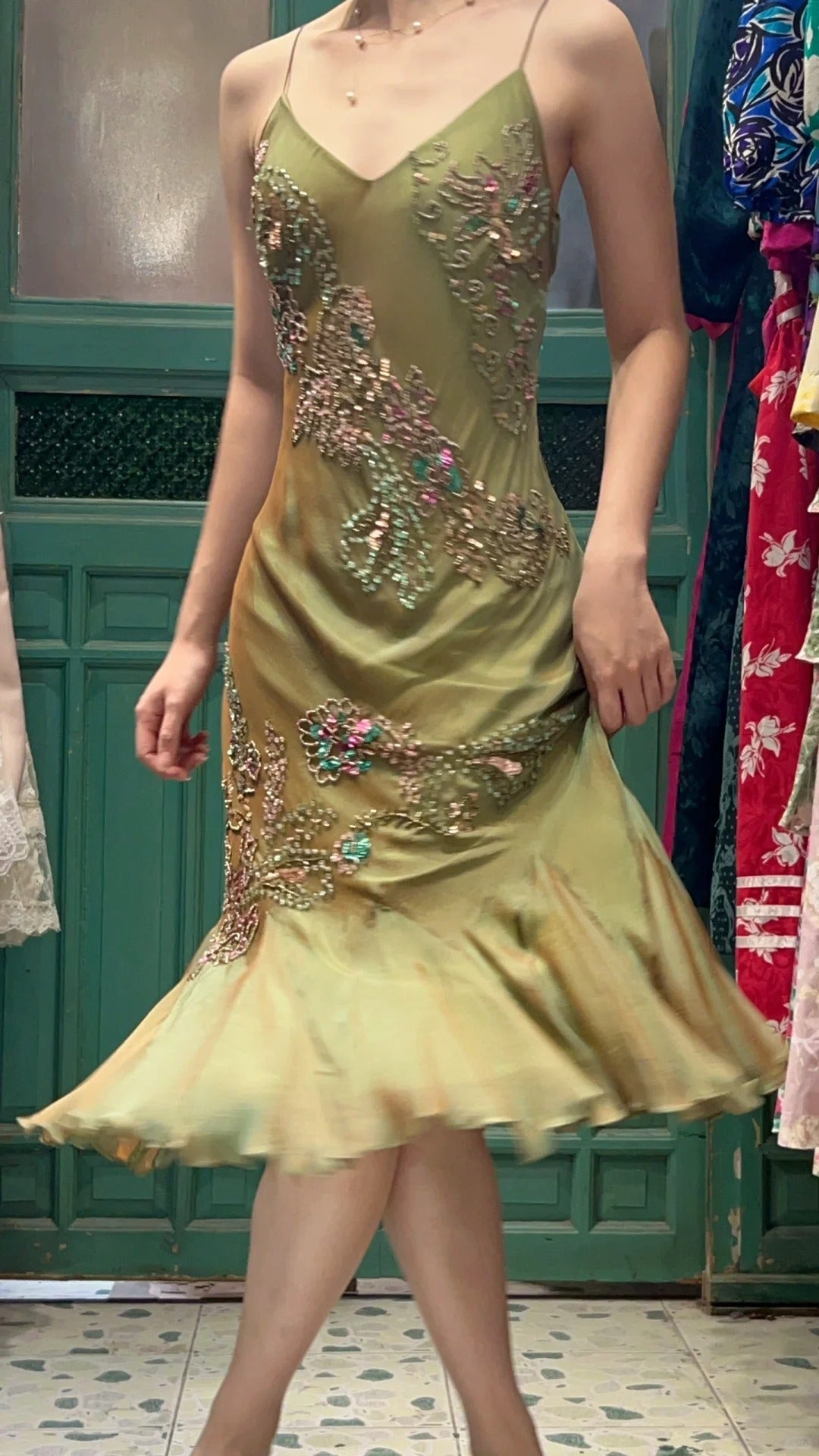Retro Elegant Olive Green Deep V Backless Cross-Beaded Chiffon Long Prom Dress Evening Dress cc5292