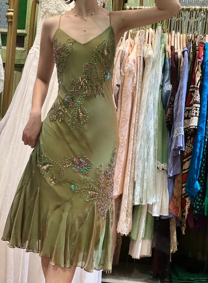 Retro Elegant Olive Green Deep V Backless Cross-Beaded Chiffon Long Prom Dress Evening Dress cc5292