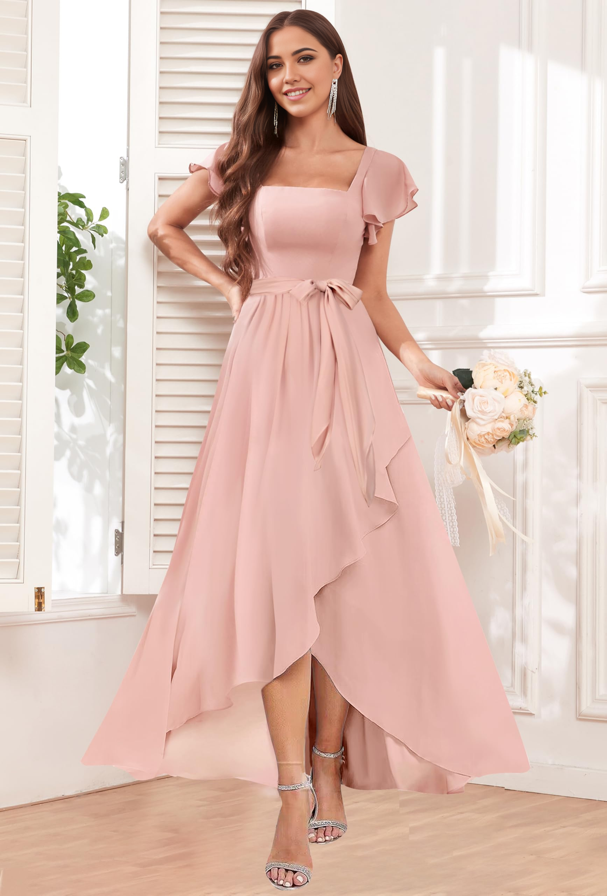A-line Square Neck Chiffon Sleeves Ruffle formal dresses Bridesmaid Dresses evening gown Prom Dress with High Low