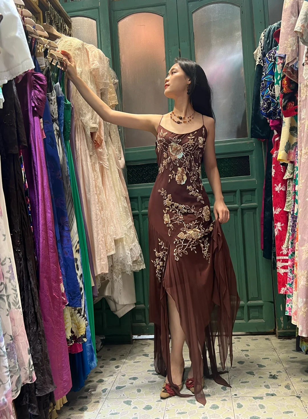 Vintage Brown Irregular Strap Beaded Sequined Prom Dress Evening Dress cc5293