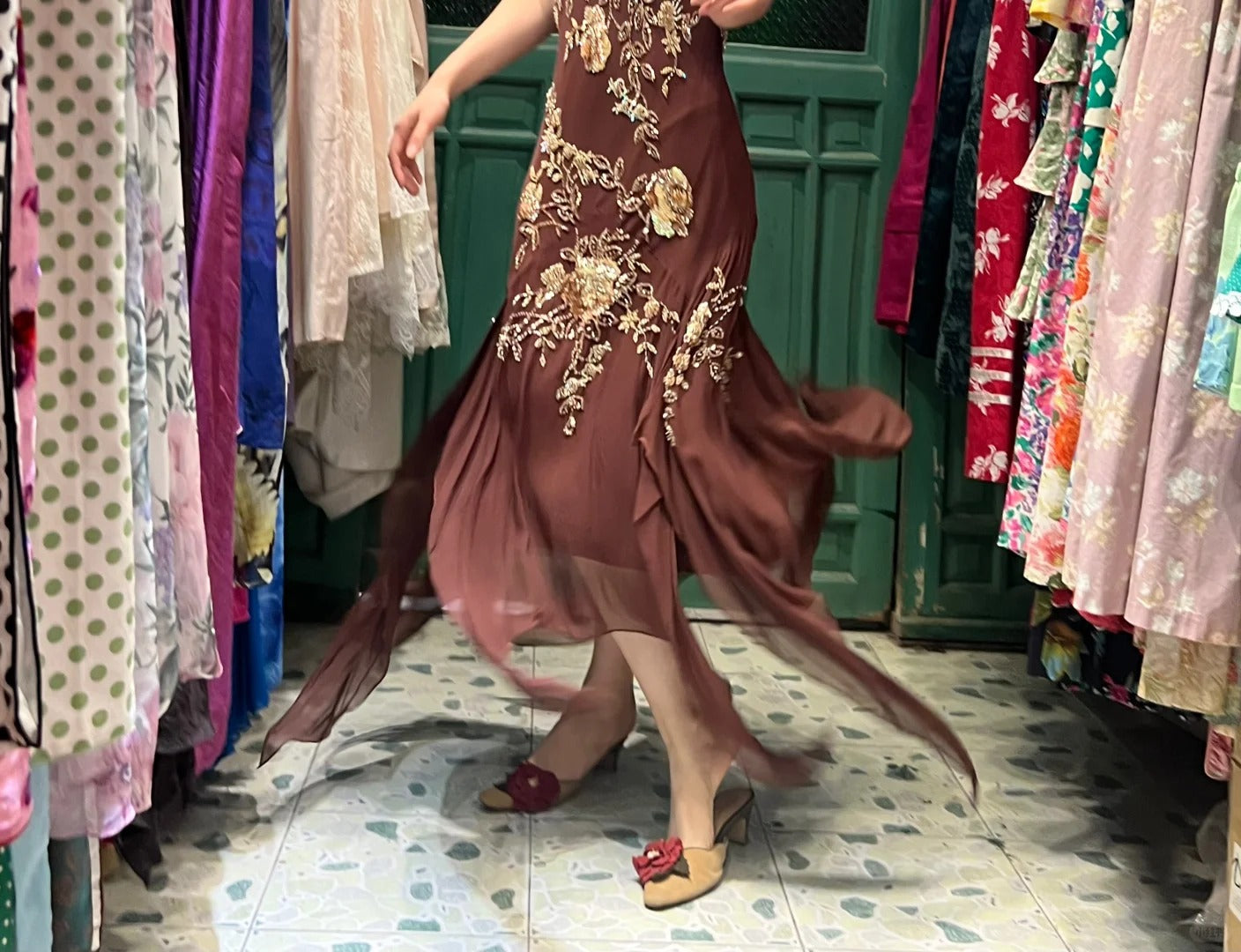 Vintage Brown Irregular Strap Beaded Sequined Prom Dress Evening Dress cc5293