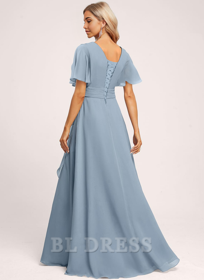 A-line V Neck Sleeve Ruffle formal dresses Bridesmaid Dresses evening gown Prom Dress with Slit