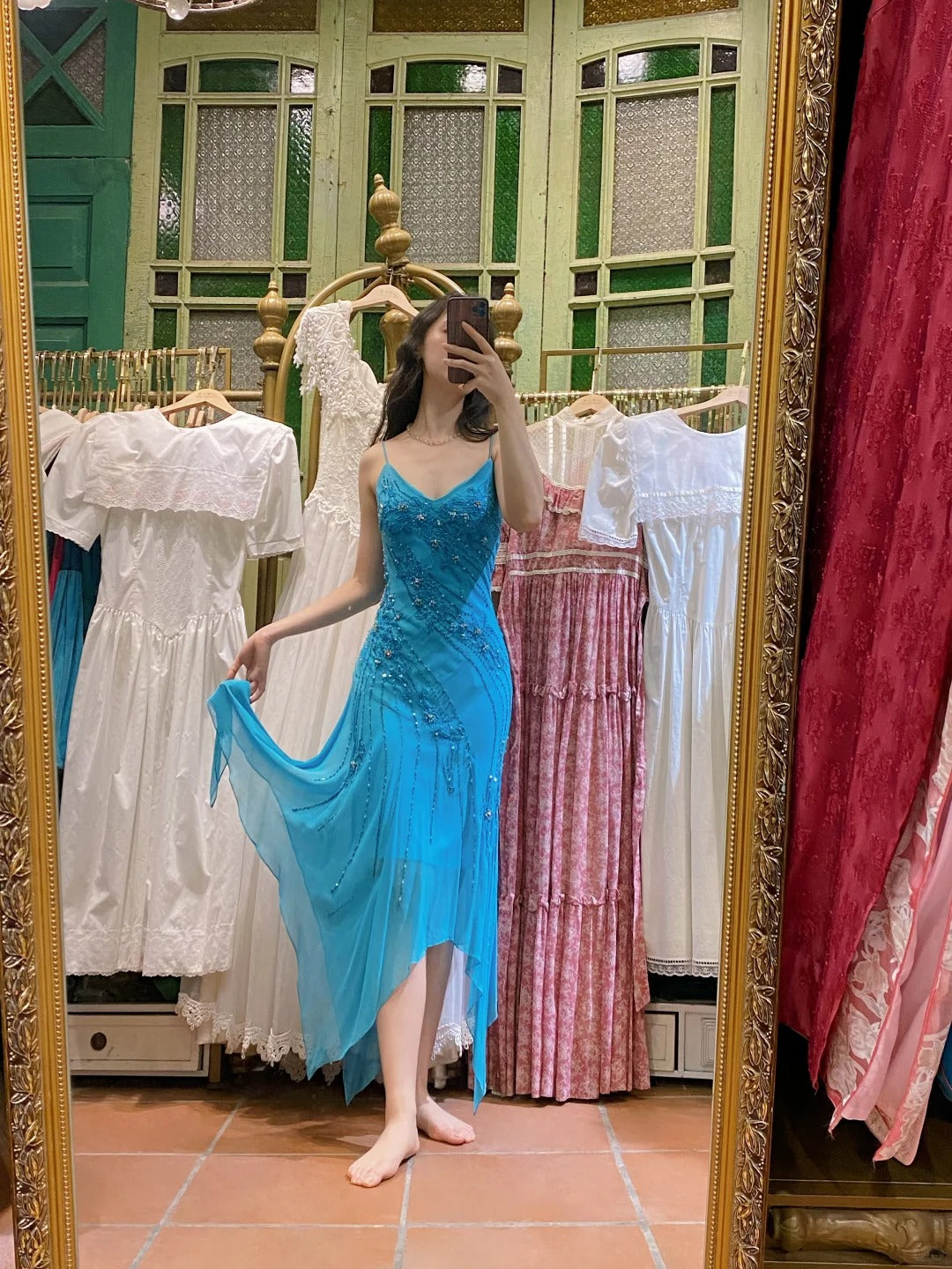 Elegant Blue Irregular Deep V Halter Beaded Chiffon Prom Dress Evening Dress cc5294
