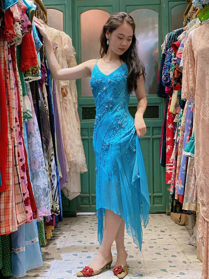 Elegant Blue Irregular Deep V Halter Beaded Chiffon Prom Dress Evening Dress cc5294