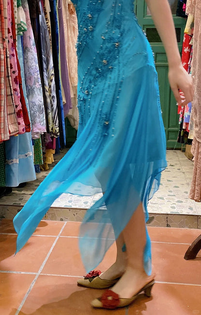 Elegant Blue Irregular Deep V Halter Beaded Chiffon Prom Dress Evening Dress cc5294