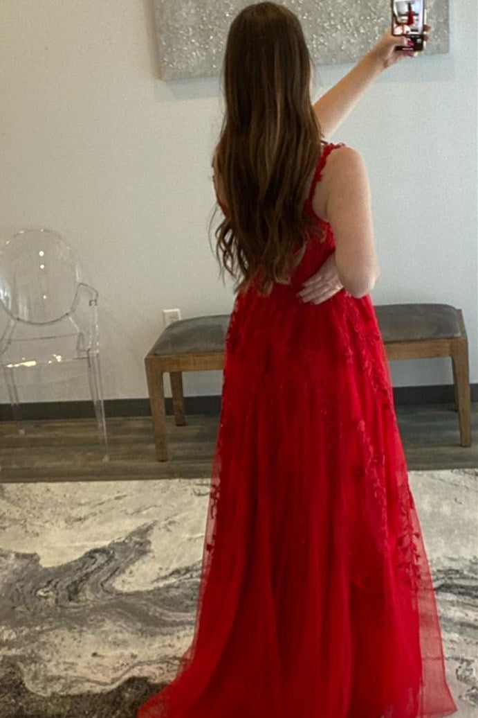 Red Floral Lace Applique Side Slit Long Formal Dress