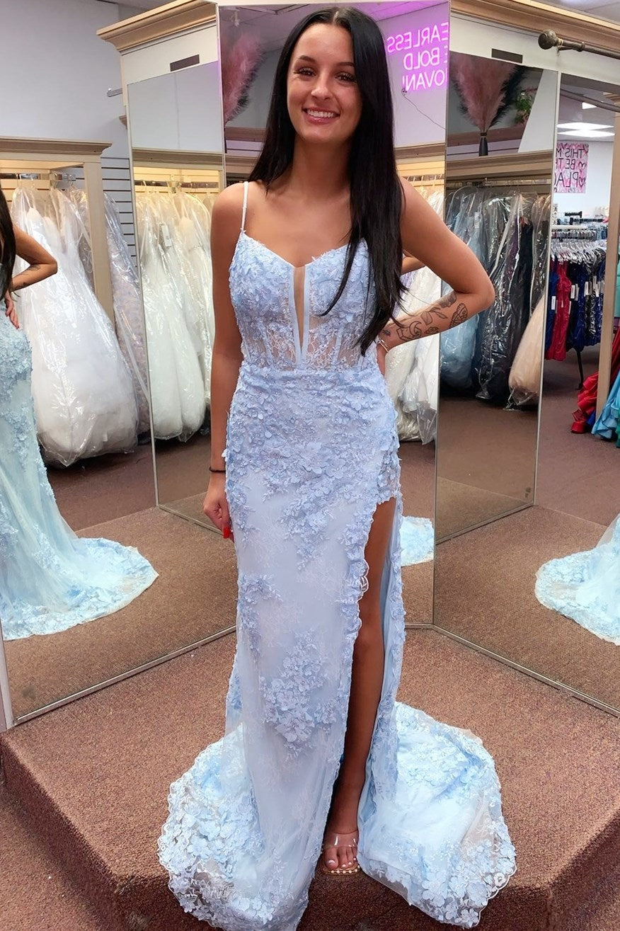 Pink Floral Lace Split Neck Mermaid Long Prom Dress with Slit