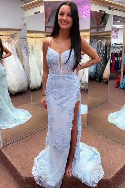 Pink Floral Lace Split Neck Mermaid Long Prom Dress with Slit