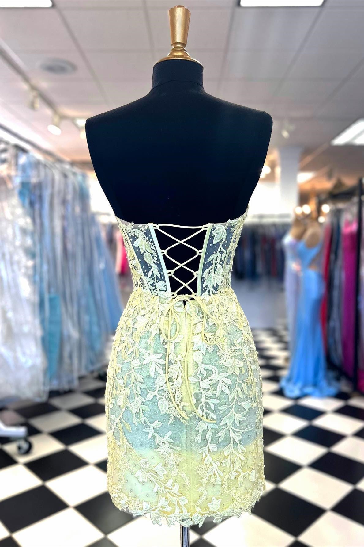 Aqua Blue Appliques Sheer Corset Cocktail Dress
