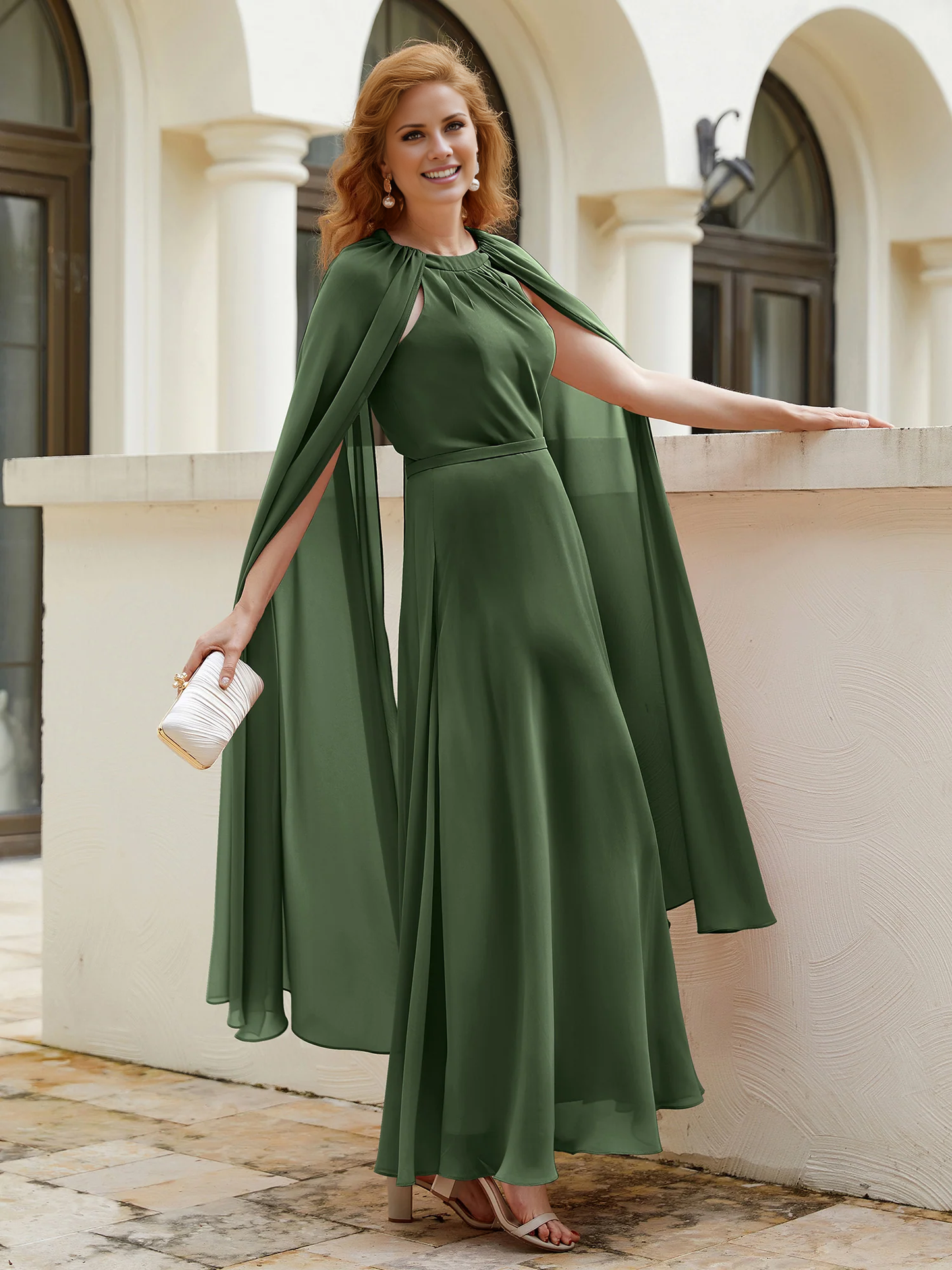 Long cape A-line gemstone collar chiffon mother of the bride dress