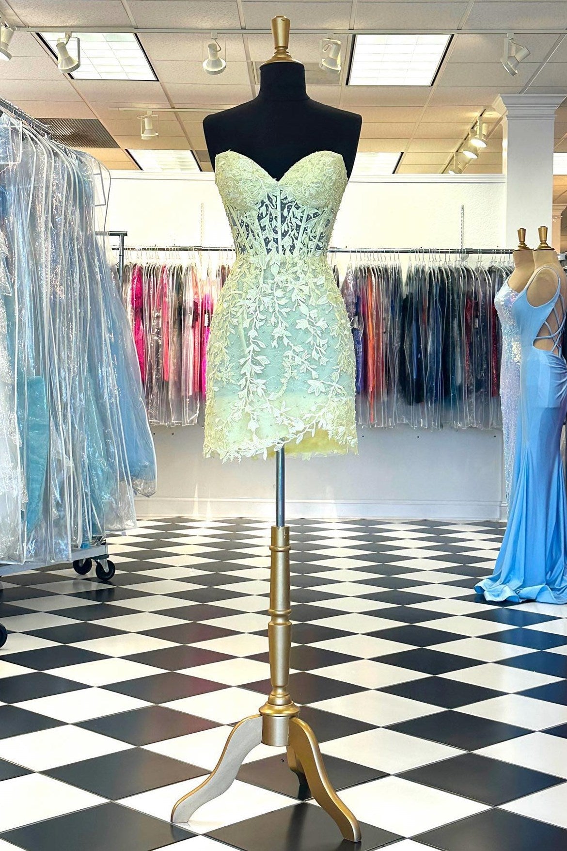 Aqua Blue Appliques Sheer Corset Cocktail Dress