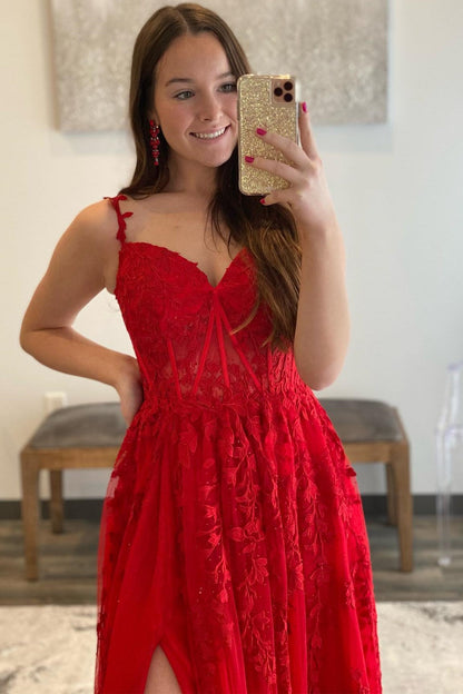 Red Floral Lace Applique Side Slit Long Formal Dress