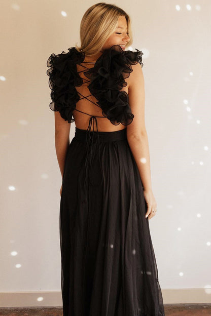 Magenta Chiffon Lace-Up Ruffle Belted A-Line Prom Dress