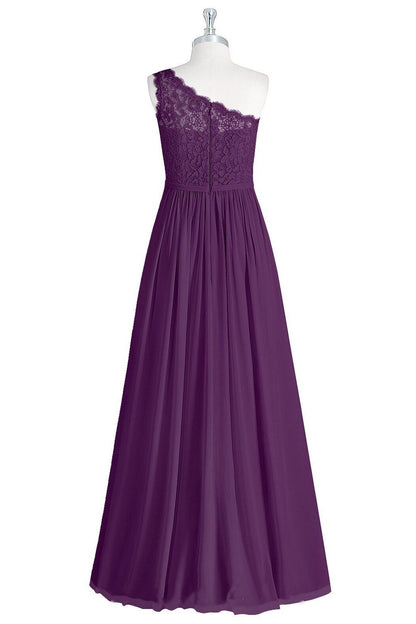 Purple Lace One-Shoulder A-Line Long Bridesmaid Dress with Slit