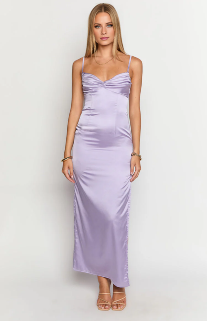 Jimiss Sweetheart Collar Thin Shoulder Strap Bareback Satin Side Split Long Prom Dress