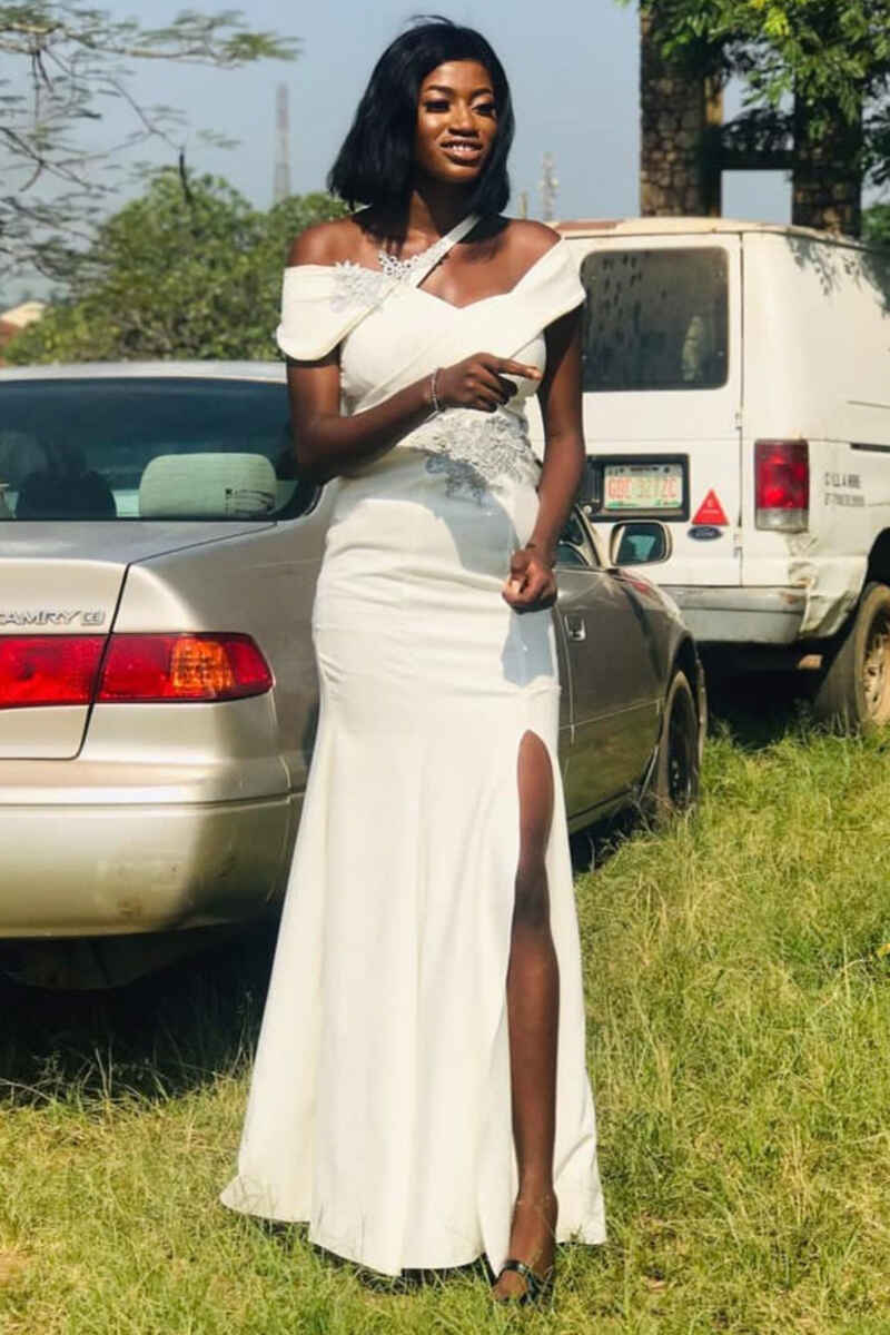 White Asymmetrical Mermaid Long Bridesmaid Dress with Slit