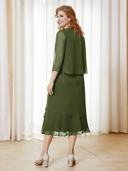 Folding ruffle edge tight dress paired with jacket, mother of the bride dress