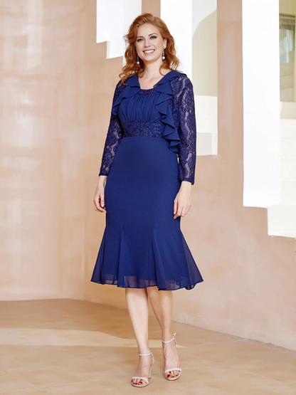 Sparkling lace ruffle tea long mother of the bride dress