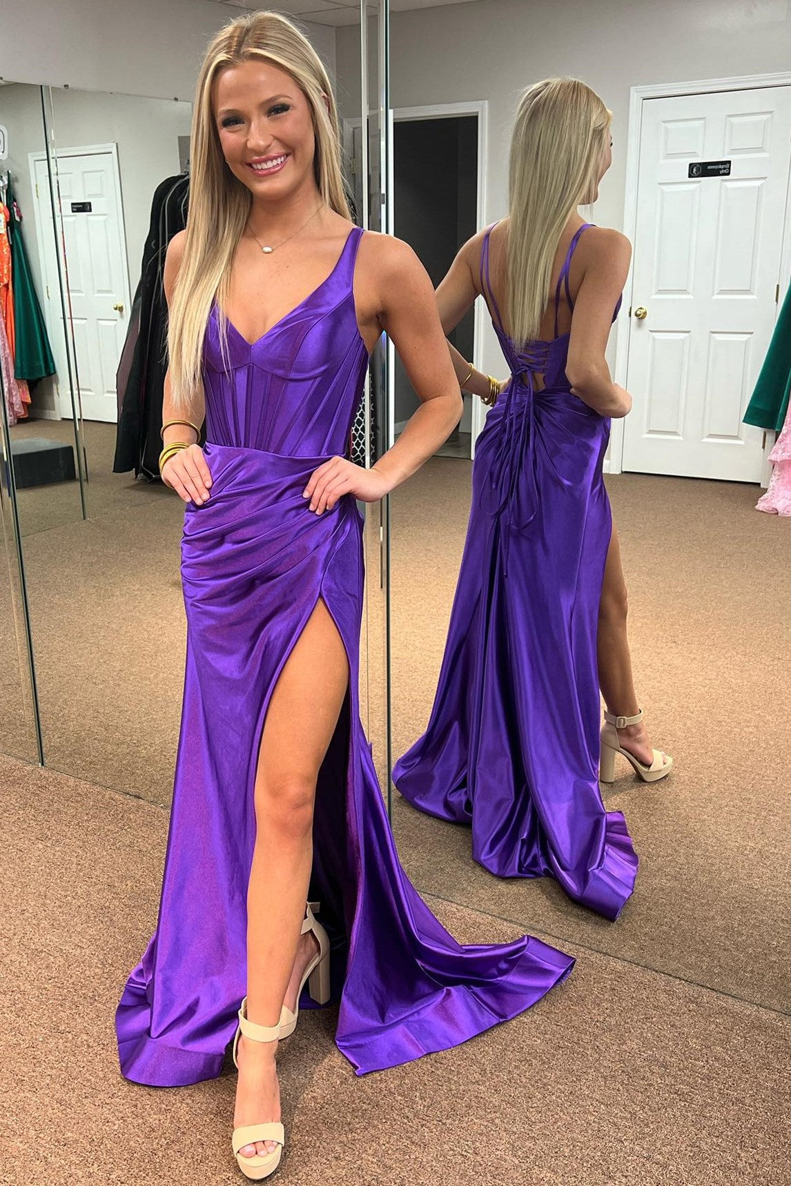Pink V-Neck Ruched Mermaid Long Formal Dress with Slit