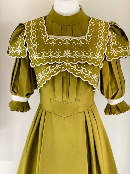 Olive Green Floor-length Gown Lace Victorian Tea Party·Retro Party Dress gh6737