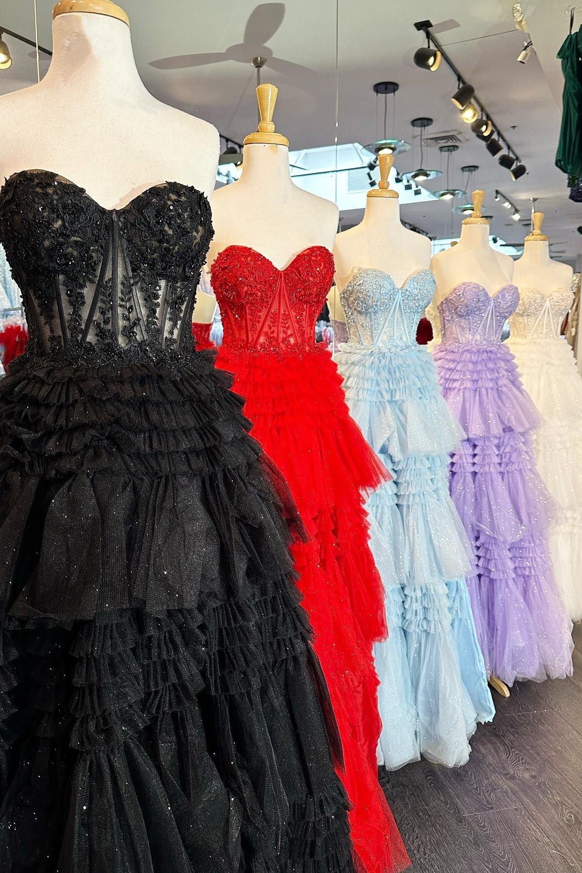 Strapless Tulle Sweetheart Tiered A-Line Long Prom Dress with Ruffles