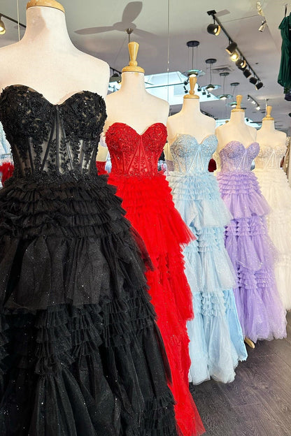 Strapless Tulle Sweetheart Tiered A-Line Long Prom Dress with Ruffles