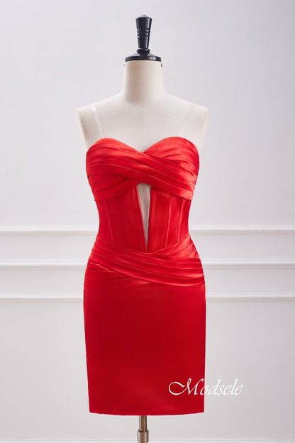 Red Strapless Keyhole Satin Sleeveless Bodycon Homecoming Dress