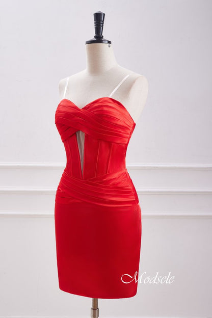 Red Strapless Keyhole Satin Sleeveless Bodycon Homecoming Dress