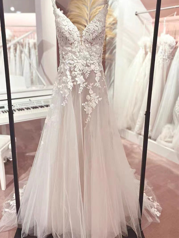 Elegnt Spaghetti Straps V-neck Applique Tulle Flowers Prom Dress, OL554