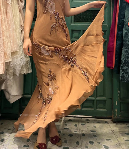 Elegant Brown And Gold Mermaid Halter-Neck Embroidered Beaded Chiffon Long Prom Dress Evening Dress cc5296