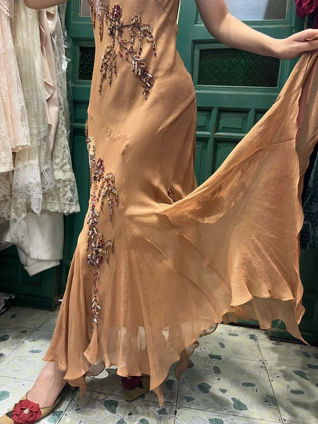 Elegant Brown And Gold Mermaid Halter-Neck Embroidered Beaded Chiffon Long Prom Dress Evening Dress cc5296