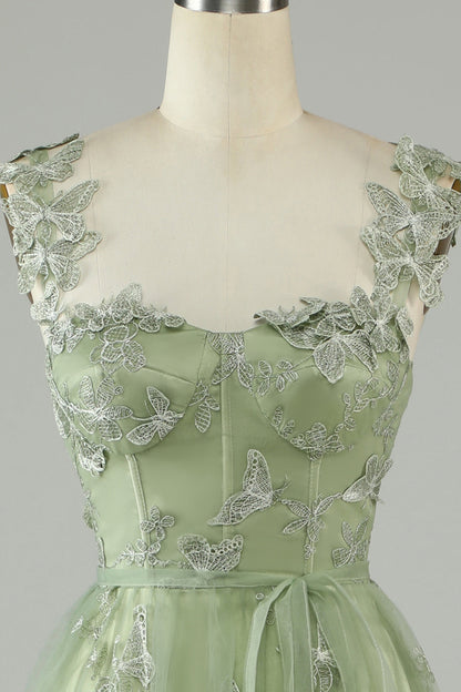 A Line Square Neck Corset Prom Dress with 3D Butterflies Floor Length Charming Evening Party Dress
