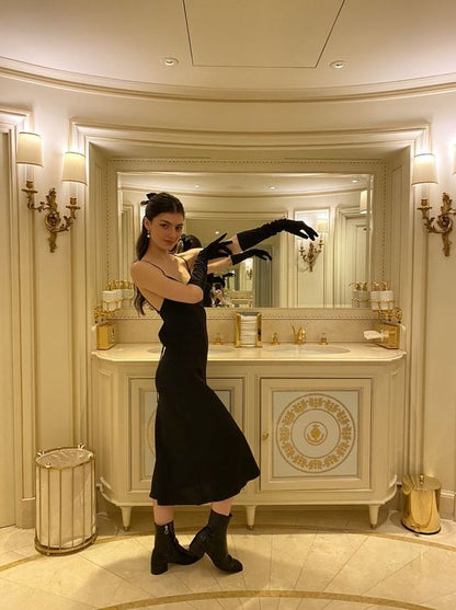 Silk Cowl Neck Prom Dress Black Backless Party Dress c2800