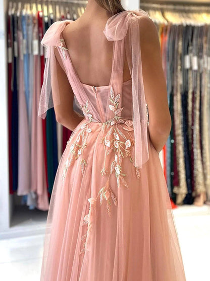Elegant Pink Spaghetti Straps Applique Prom Dress with Side Slit, DB11017