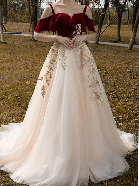 Red Spaghetti Straps Applique Tulle A-line Prom Dress, DB11039