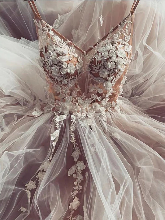 Elegnt Spaghetti Straps V-neck Applique Tulle Flowers Prom Dress, OL554