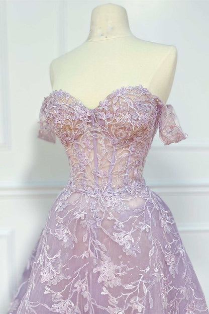 Lilac Floral Lace Off-the-Shoulder A-Line Prom Dress