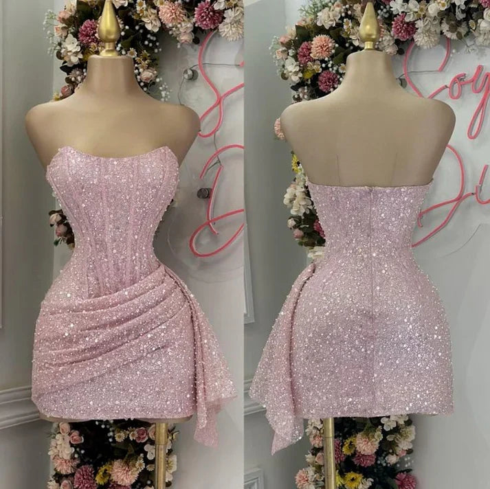 Cute Pink Shiny Sequin Strapless Bodycon Short Party Dress Cocktail Dress Homecoming Dress HZ1024